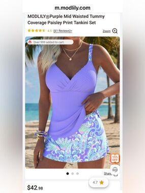 Modlily Purple Mid-Waisted Tummy Coverage Paisley Print Tankini Swim Set. XL